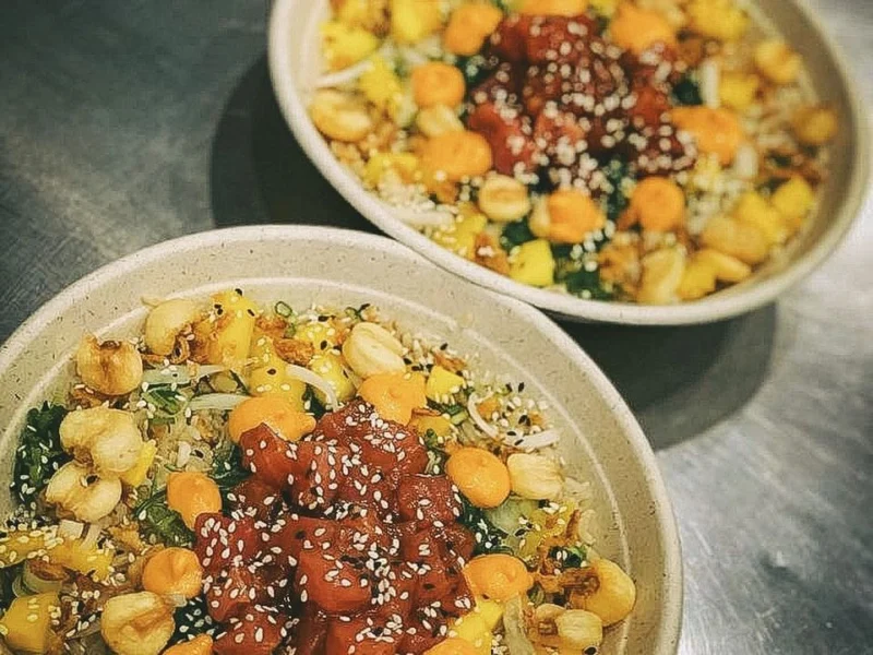 Dos poke bowls con atún, maíz y semillas de sésamo