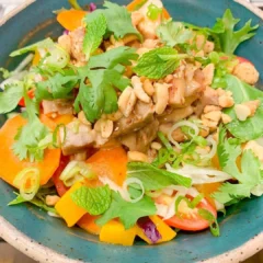 Salade thaïlandaise avec poulet, mangue, arachides et herbes fraîches