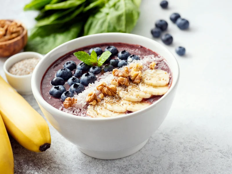 bowl de açaí cubierto con plátano, arándanos y granola