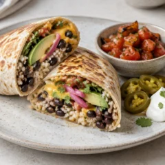 Aguacate burrito cortado por la mitad mostrando arroz, frijoles negros, aguacate y queso, con salsa asada y crema agria