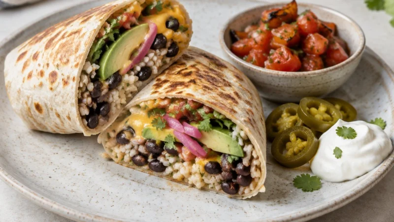 Burrito avocat coupé en deux montrant le riz, les haricots noirs, avocat et le fromage, avec de la salsa rôtie et de la crème sure