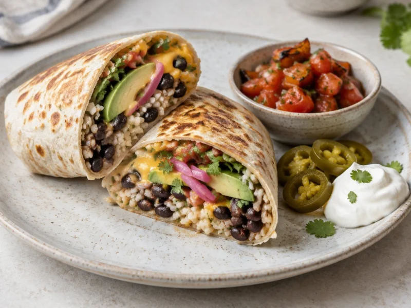 Aguacate burrito cortado por la mitad mostrando arroz, frijoles negros, aguacate y queso, con salsa asada y crema agria