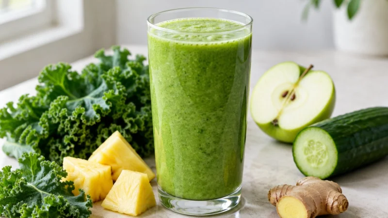 smoothie vert dans un grand verre avec du chou frisé, de l'ananas, de la pomme verte, du concombre et du gingembre frais