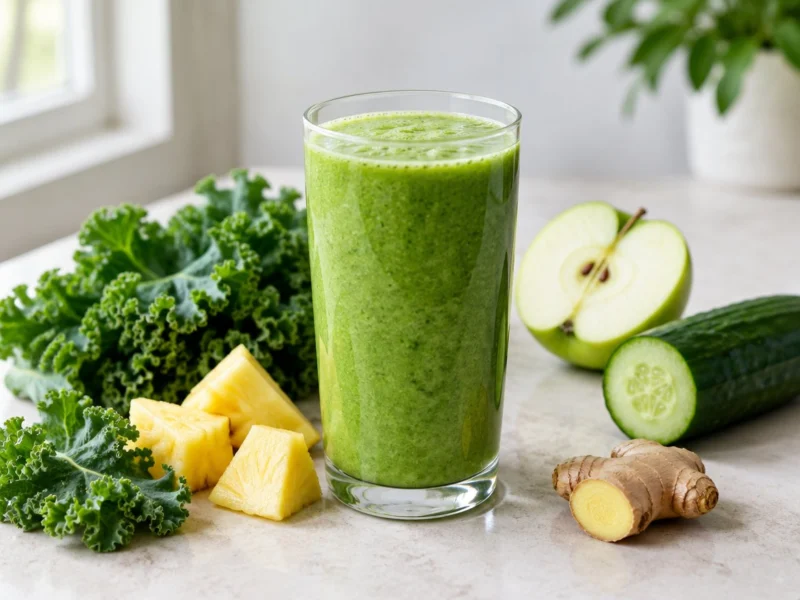 smoothie verde en un vaso alto con col rizada, piña, manzana verde, pepino y jengibre fresco
