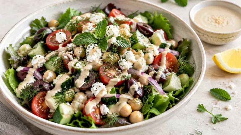 Bowl de mezze mediterráneo con garbanzos, pepino, tomate, aceitunas, feta, hierbas y aderezo de tahini