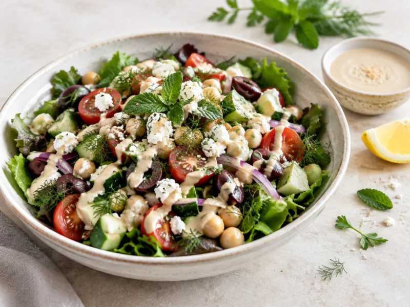 Bowl de mezze mediterráneo con garbanzos, pepino, tomate, aceitunas, feta, hierbas y aderezo de tahini