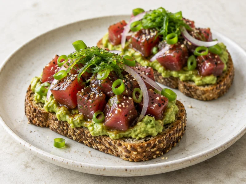 Tostada de poke con aguacate en pan de semillas con atún al sésamo, cebollino, cebolla dulce y ensalada de algas