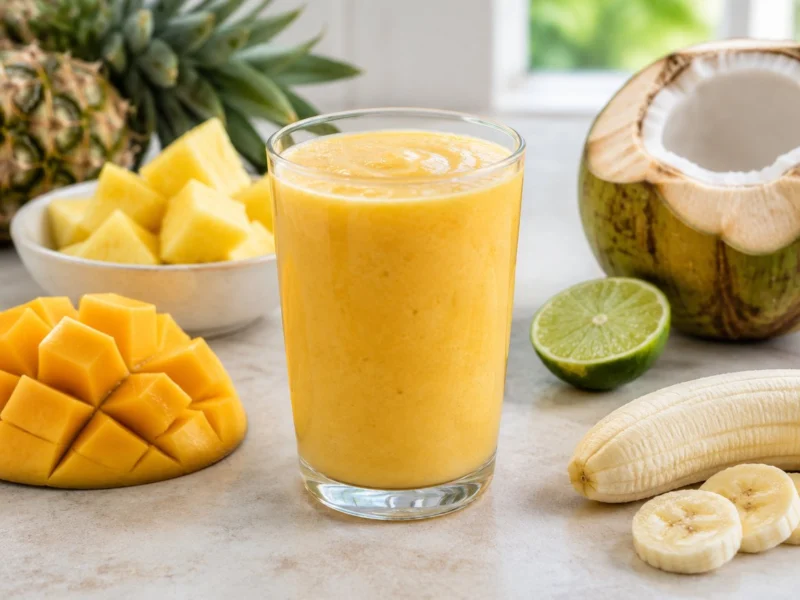 smoothie tropical en un vaso con mango, piña, plátano, lima y coco